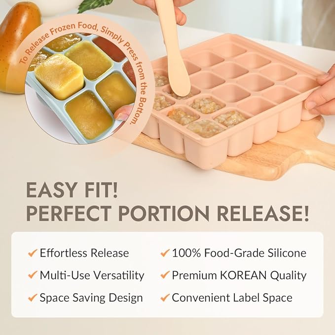 Baby Food Storage Silicone Cubes with Clip-On Lid Freezer Tray Baby Food Soups Purees Ice Easy and Safe Design Made in Korea (20 Sand Beige)