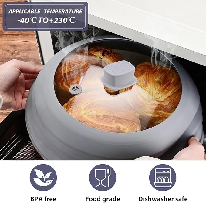 2 Pack Microwave Splatter Cover Glass Guard Lid with Collapsible Silicone for Food Pot Plate 8.5 inch and 9.8 inch Grey, Tall Lid and Standard Size Lid