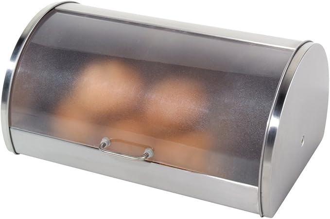 Oggi Stainless Steel Roll Top Bread Box for Kitchen Countertop with Frosted Plexilass Lid - Fits Multiple Loaves of Bread and Other Freshly Baked Goods Including Cookies, Bagels, Muffins
