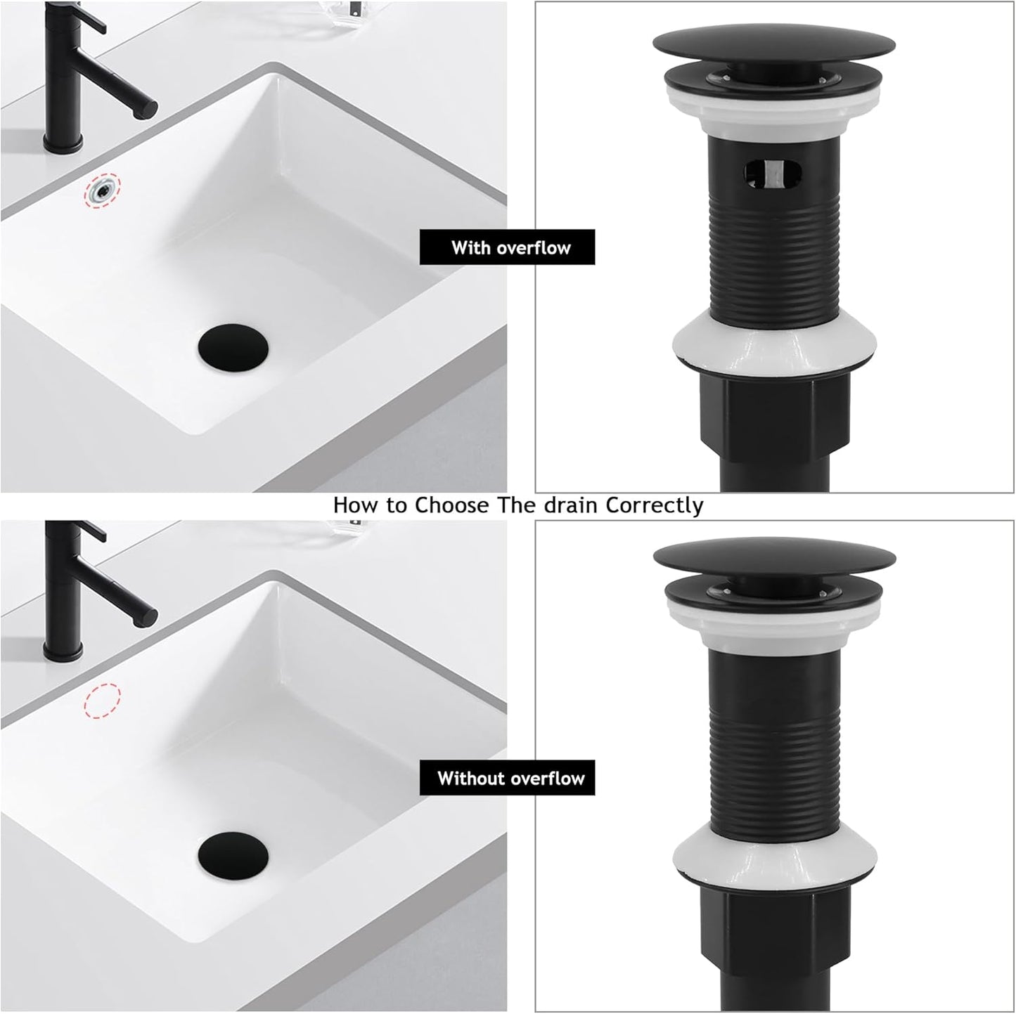 Bathroom Sink Drain,2 Pack Drain Stopper Without Overflow,Pop Up Drain Assembly with Detachable Strainer Basket,Built-in Anti-Clogging, Stainless Steel Nut Mattle Black