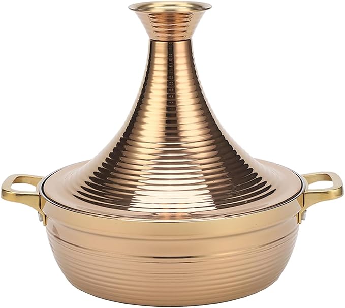 Moroccan Tagine Cooking Pot,Stainless Steel Non Stick Moroccan Casserole with 2 Handles,Large Moroccan Cooker Handmade Tagine Pot with Cone-Shaped Lid(29cm, Rose Gold)