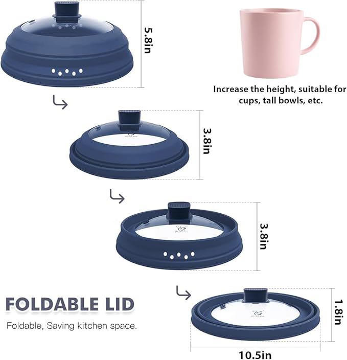 Tall Microwave Splatter Cover Glass Cover Guard Lid 5.8 inch Height with Collapsible Silicone for Food Pot Plate 10.8 inch Dark Blue