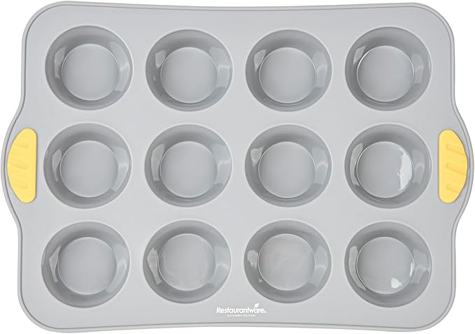 Restaurantware Silicone Baking Mold Pack of 1 Non-Stick Muffin Mold with Handles 12 Compartments, Oven-Friendly Dishwashable Freezer-Friendly Heat-Resistant Gray Silicone Cupcake Muffin Pan