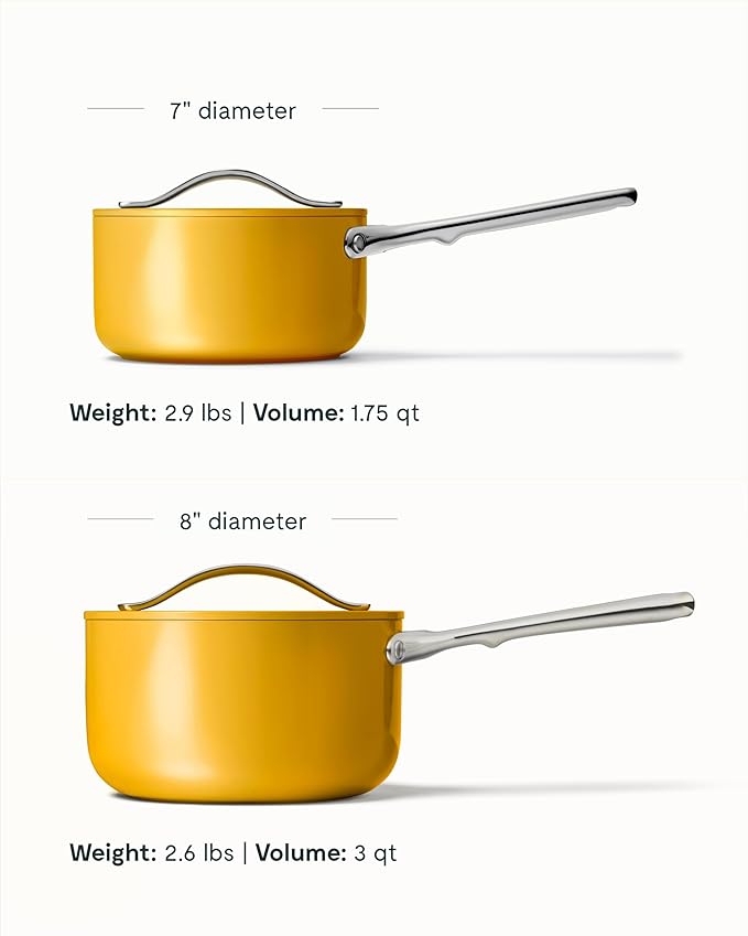 Caraway Nonstick Ceramic Sauce Pans with Lids (3 qt & 1.75 qt) - Non Toxic, PTFE & PFOA Free - Oven Safe & Compatible with All Stovetops (Gas, Electric & Induction) - Marigold