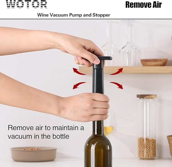 WOTOR Wine Saver Vacuum Pump with 4 Stoppers, Wine Stopper & Preserver, Reusable Bottle Sealer Keeps Fresh, Ideal Accessories Gift (Flat Handle)