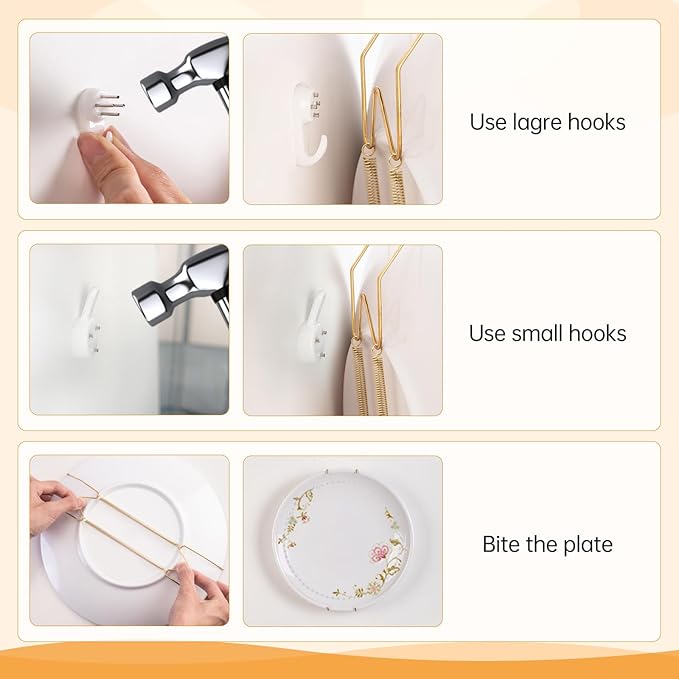 Bilillo 20 pcs Plate Hangers for The Wall, 4/6/8/10 Inch Invisible Decorative Wall Plates Hangers, Stainless Steel Plate Wall Holders for Display Various Sizes with Hooks for Decorative Gold