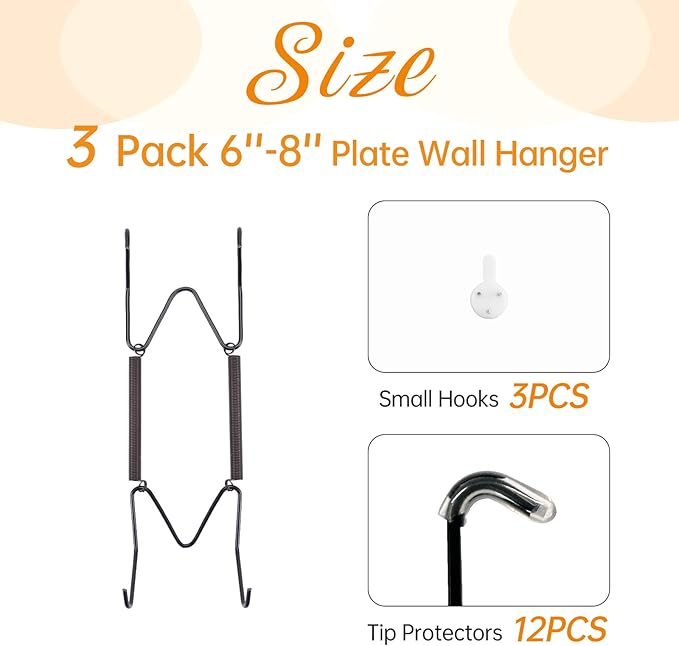 Bilillo 3 Pack Plate Hangers for The Wall, Suitable for 6''-8'' Decorative Plate,Invisible Heavy Duty Wire Plate Holder with Wall Hooks, Plate Hangers for Displaying Plates, Platter, Dish (Black)