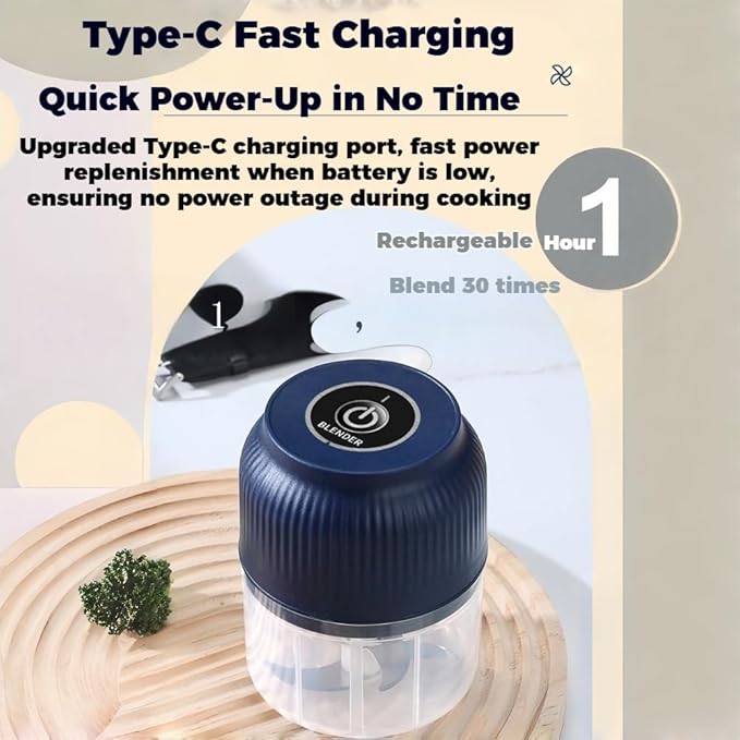 300ML USB Rechargeable Electric Garlic Chopper, Mini Portable Veggie Cutter with Eggbeater&4/6 Knife Heads, Veggie Chopper with Container and Lid, Vegetable Crusher (Blue A)