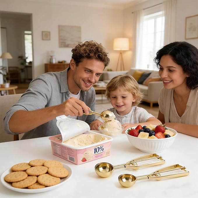 Gold Ice Cream Scoop 304 Stainless Steel Cookie Scoops for Baking Melon Baller with Trigger 3 Sizes (Gold, L)