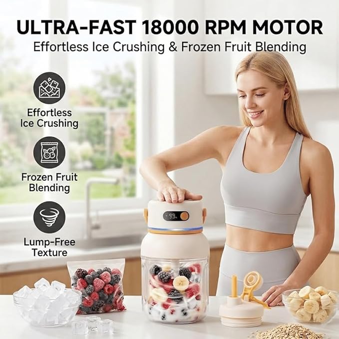 Portable Electric Juicer Cup with Zero Cord Hassle,Fresh Juice Mini Fast Portable,18000 Rpm High Speed with Digital Display&Leakproof Lid,Automatic Cleaning with Straw and Two Lids (1200ml/43.22oz)