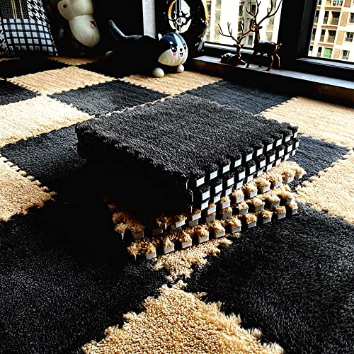 easycustomerlee 12pcs Interlocking Carpet Shaggy Soft EVA Foam Mats Fluffy Rugs Protective Floor Tiles Play Mats for Children Kids Room Home Parlor Bedroom(Black)