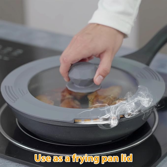 Tempered Strainer Lid for Stockpot Pot Pasta Pot Soup Pot with Heat Resistant Silicone Rim Glass Universal Pan Lids Pour Spout Water Oil Microwave Safe Fit 8-8.5-9-9.5 inch Light Grey