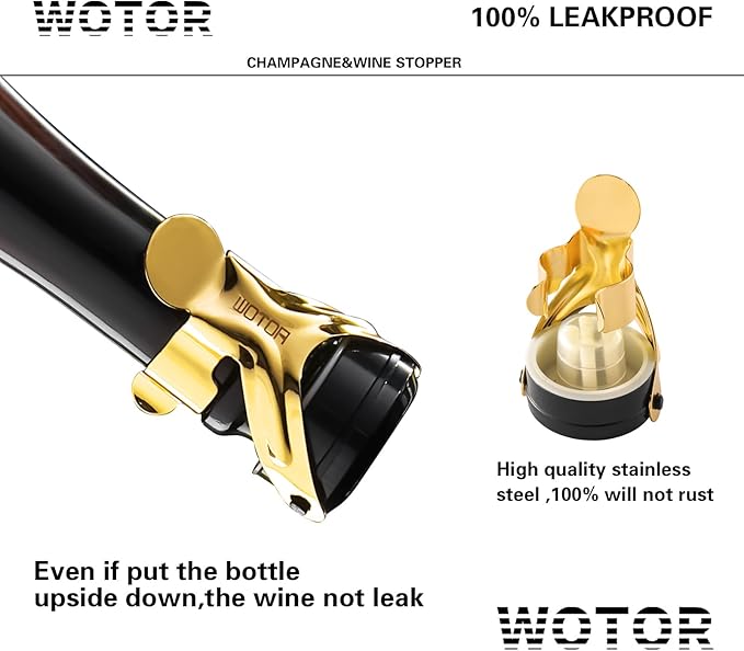 WOTOR Champagne&Wine Bottle Stoppers Stainless Steel with Food Grade Silicone, Leak Proof Keep Fresh Reusable Saver, Cork Suitable for Wine, Champagne, Cava, Prosecco and Sparkling (6 Pack Gold）