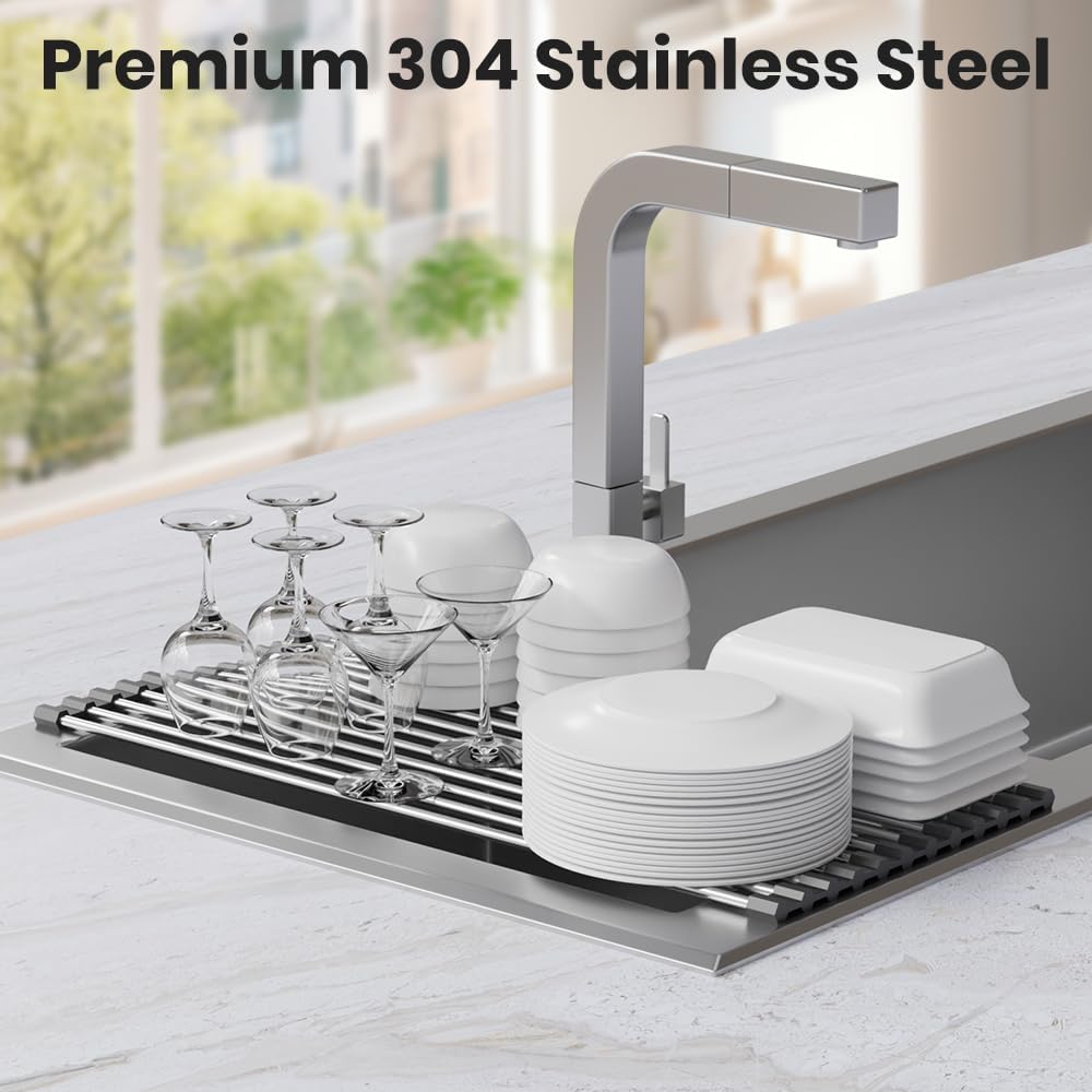 Roll Up Dish Drying Rack, Stainless Kitchen Accessories, Foldable Dish Rack, Anti-Slip Design Sink Counter Storage, Over The Sink Dish Rack, Stainless Steel, (17.5" x 12") Gray