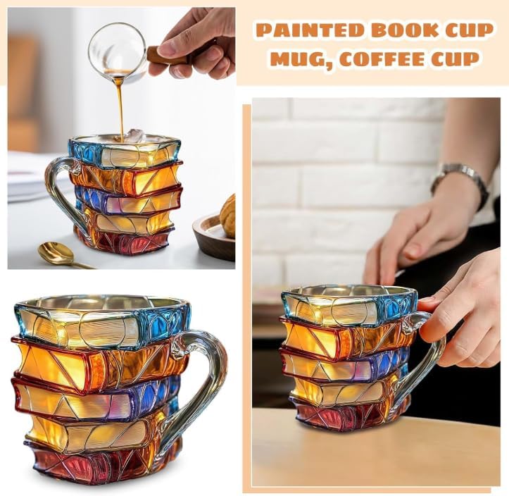 3d Painted Book Coffee Mug, 300ml Stained Glass Painted Book Mug with Spoon, Funny Tumblers Books, Novelty Coffee Cup Gifts for Writers Books Lovers (A Style)