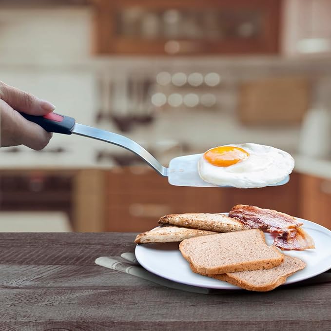 Stainless Steel Flexible Spatula Solid Turner, XiaoZu Thin Metal Spatula for Cast Iron Skillet, Thin Blade and Heat Resistant Silicone Handle, Great for Egg, Cookie, Meat, Crep, Medium