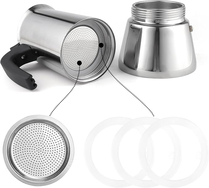 Sivaphe 6 Cups Stovetop Espresso Coffee Maker Replacement Infuser Parts Only for Stainless Steel Italian Moka Pot, 1 Filter and 3 Silicone Gasket Seals