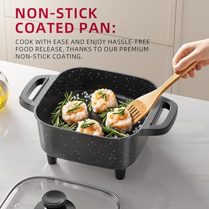 AORAN Electric Frying Pan with Lid, Multifunctional Electric Skillet for Frying, Grilling, Boiling & Cooking, Nonstick, Compact, Easy-to-Clean, Adjustable Temp Control Black