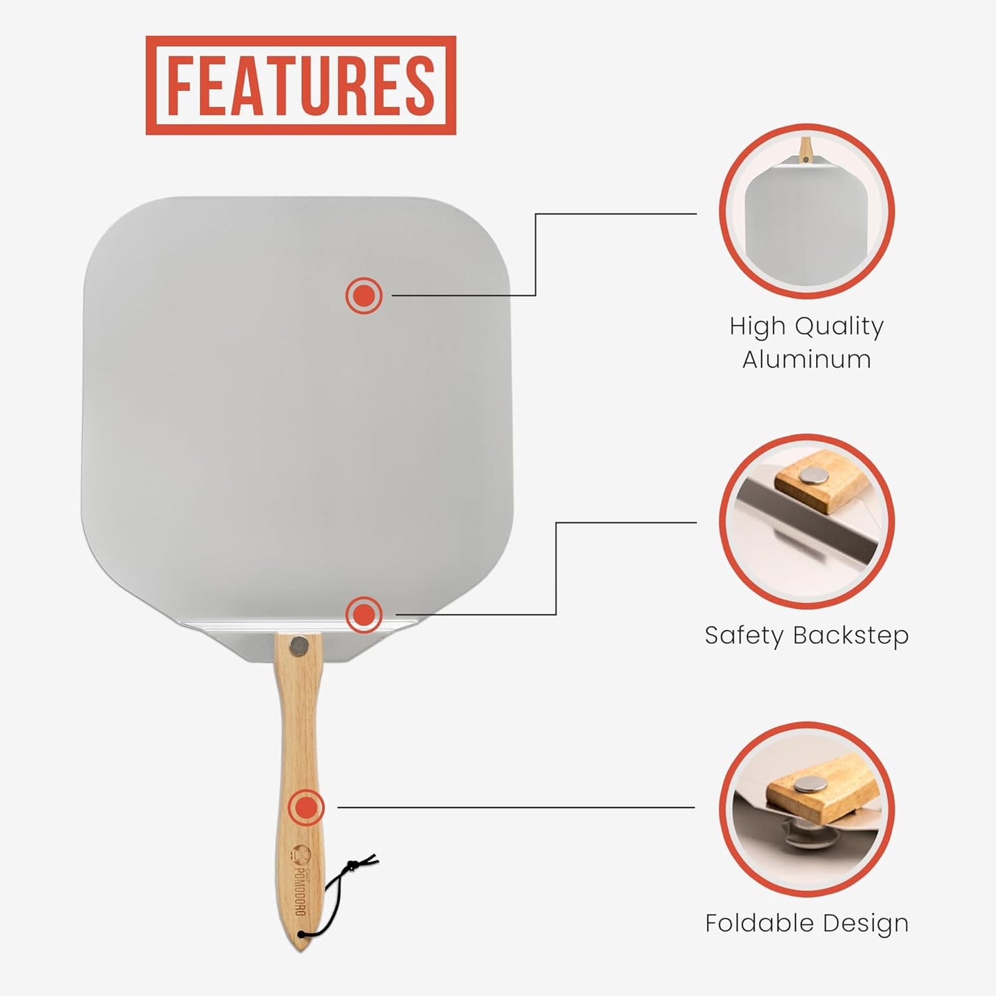 Chef Pomodoro Aluminum Metal Pizza Peel with Foldable Wood Handle for Easy Storage, Pizza Spatula, Gourmet Luxury Pizza Paddle for Baking Homemade Pizza Bread (18 x 20 inch)