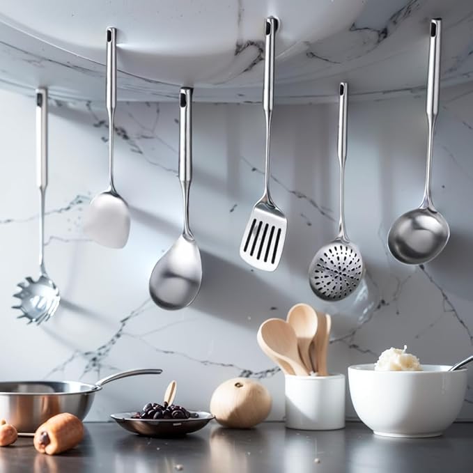316 Stainless Steel Cooking Tool Set: saute pan spatula ladle, skimmer slotted, pasta, serving spoon, slotted spatula seasoner, dishwasher safe.