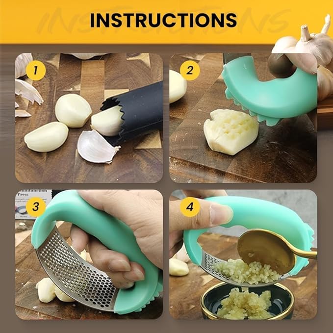Garlic Press Rocker Stainless Steel, Garlic Crusher with Peeler & Cleaning Brush, Easy to Use Garlic Mincer for Kitchen Cooking, Ergonomic Garlic Chopper Tool, Durable Garlic Presser Gadget (Pink)
