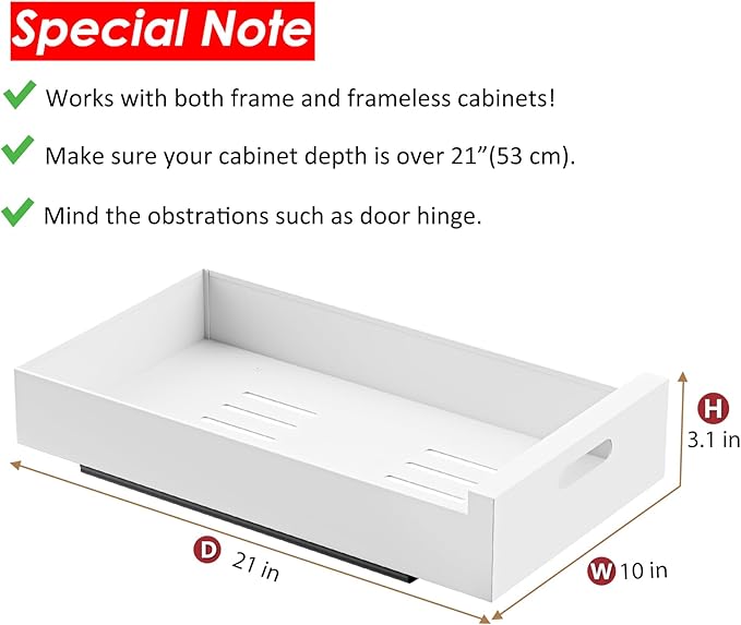 HBL' 1 Pack | 21" Deep Pull Out Cabinet Organizer Adhesive, 10-Inch Wide Sturdy Carbon Steel Roll-Out Drawers for Face Frame or Frameless Cabinets,Slide-Out Shelves for Pantry.