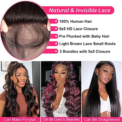 18 20 22 Inch Body Wave Bundles with Closure (16 Inch 5x5 HD Lace Closure) Human Hair Brazilian 3 Bundles with Closure Unprocessed Virgin Human Hair Free Part