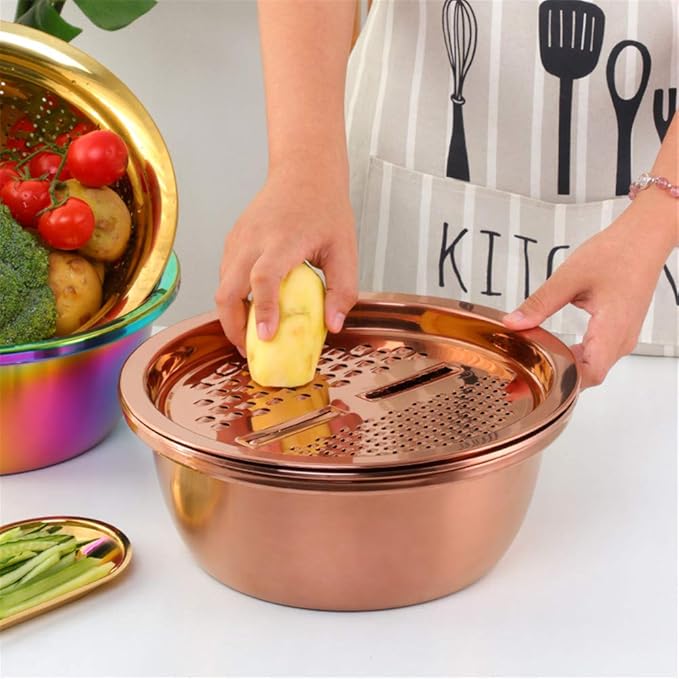 3-In-1 Multifunctional Grater Basin Colander Strainer Set, Mingcheng Stainless Steel Kitchen Grater/Drain Basket/Bottom Basin for Washing Rice, Fruits, Vegetable, Grater with Container (Silver)