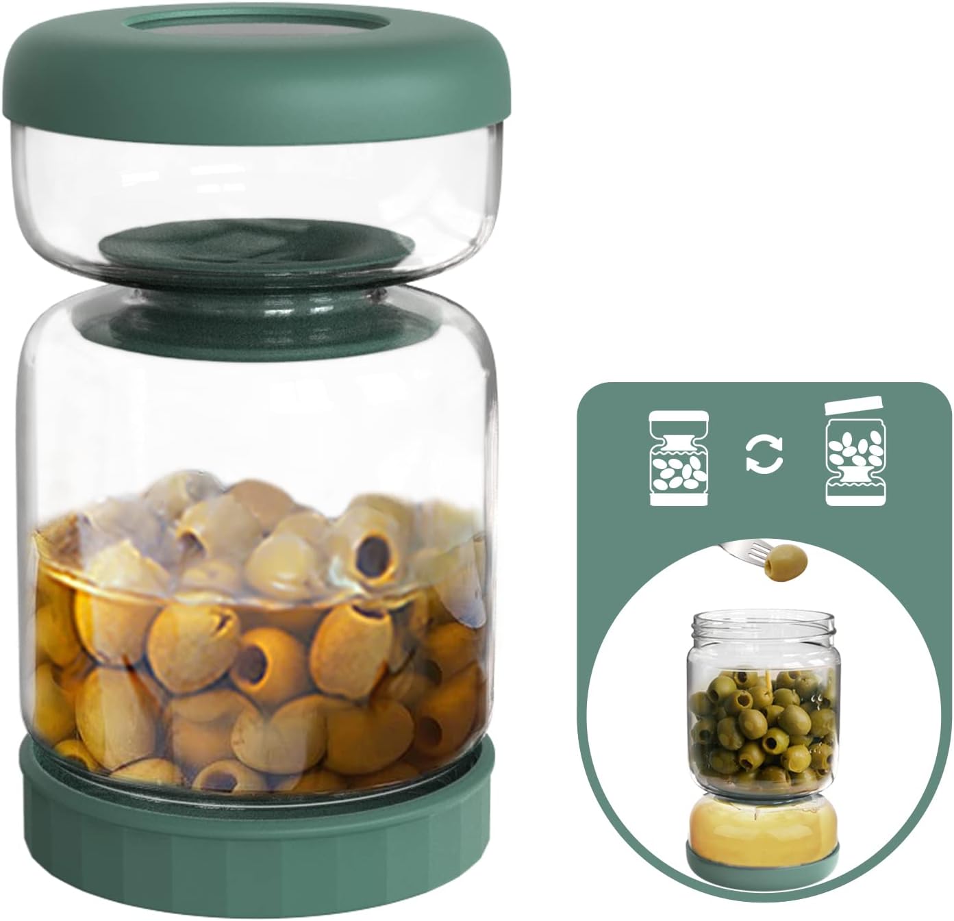 Luvan Glass Pickle Jar, 34oz Pickle Container with Strainer, LeakProof Kraut and Olive Hourglass Jug, Olive Jar with Airtight Lid, Multifunction Jalapeno Container, Gherkin Flip Jar for Fridge