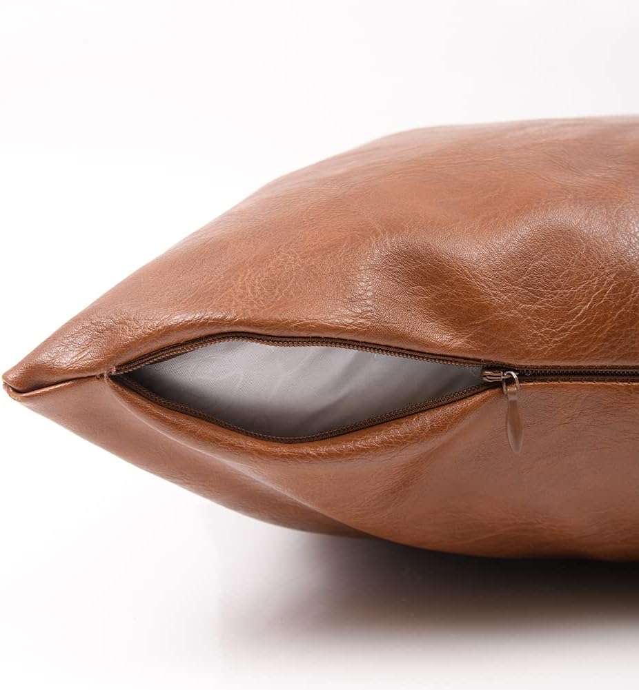 Fancy Homi Brown Boho Faux Leather Decorative Throw Pillow Covers 20x20 Inch for Living Room Couch Bed, Hand Stitched Accent Square Cushion Case 50x50 cm, Luxury Modern Farmhouse Home Decor