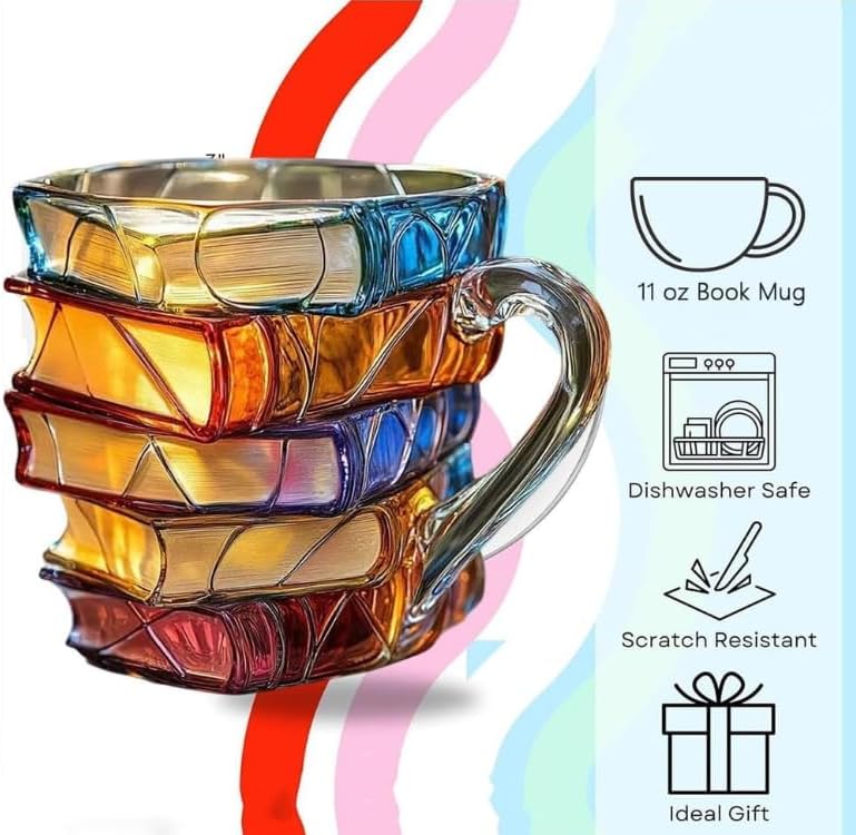 3d Painted Book Coffee Mug, 300ml Stained Glass Painted Book Mug with Spoon, Funny Tumblers Books, Novelty Coffee Cup Gifts for Writers Books Lovers (A Style)
