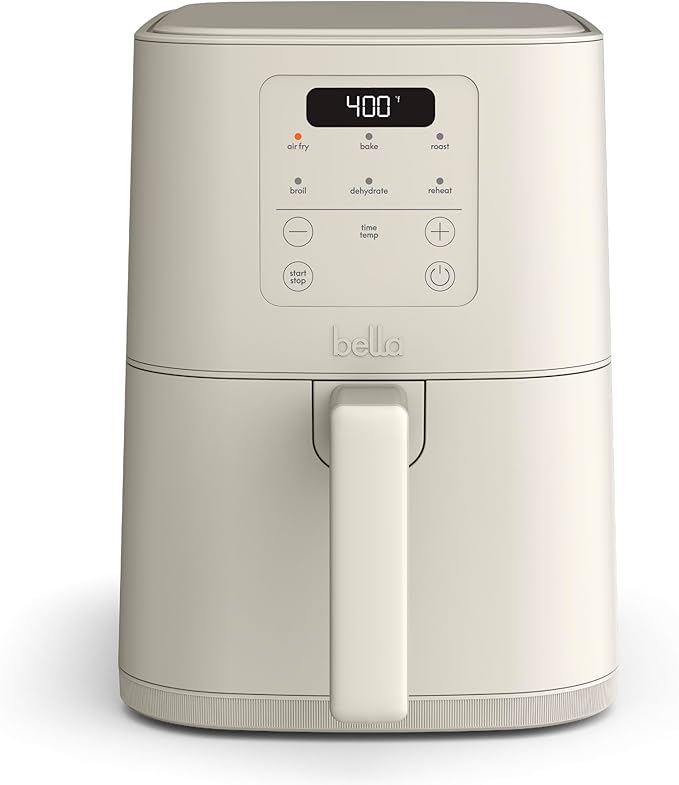 bella 4Qt Slim Air Fryer, Fits-anywhere™ Kitchenware, EverGood™ Ceramic Nonstick Coating, Adjustable Temperature, 6 Preset Cooking Options, 60 Min Auto Shutoff w Audible Tone, 3.3lb Capacity, Oatmilk
