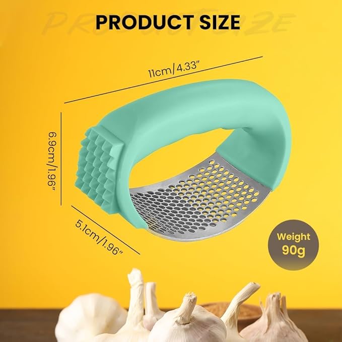Garlic Press Rocker Stainless Steel, Garlic Crusher with Peeler & Cleaning Brush, Easy to Use Garlic Mincer for Kitchen Cooking, Ergonomic Garlic Chopper Tool, Durable Garlic Presser Gadget (Green)