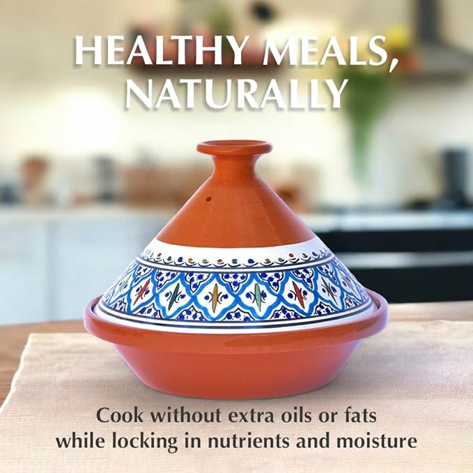 Kamsah Tagine Pot for Cooking and Flavor Enrichment - Medium Clay Pot 10”, 3.1 QT - Non-Stick Handmade Cookware - Moroccan Ceramic Pots for Cooking with Lid & Serving Bowl - Bohemian Classic Turquoise