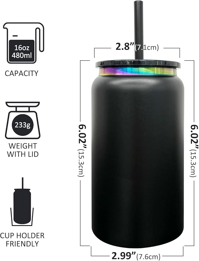 Glass Cups with Lids and Straws, 16 oz Stainless Steel Cups, Insulated Skinny Tumbler, Powder Coated Travel Mugs for Laser Engrave, Iced Coffee Cup for Smoothie Water DIY Gift (Black,1 pack)