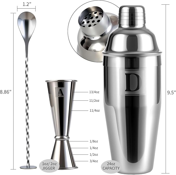 24oz Cocktail Shaker Set with 1 oz 2oz Jigger - Monogramm Initials Martini Shaker Set - 304 Stainless Steel Bar Shaker for Margarita,Mojito-Personalized Gift for Friend,Husband-I