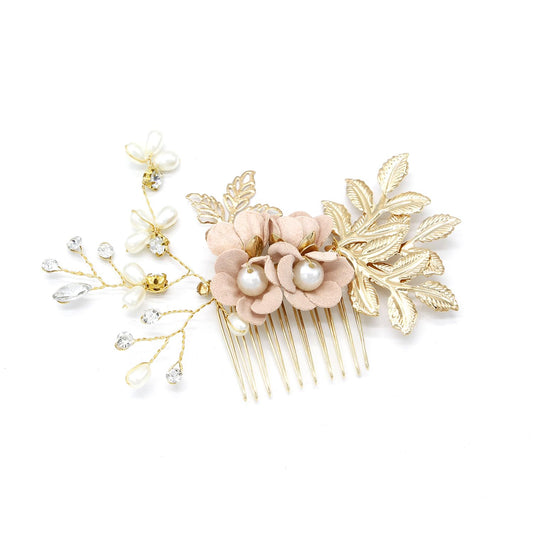 Bridal Hair Combs, Wedding Hair Comb Crystal Flower Hair Clips Bride Bridesmaid Hair Sides Comb Rhinestone Barrettes, Pearl Flower Hair Pins Hair Accessories for Women Girls (PinkA)