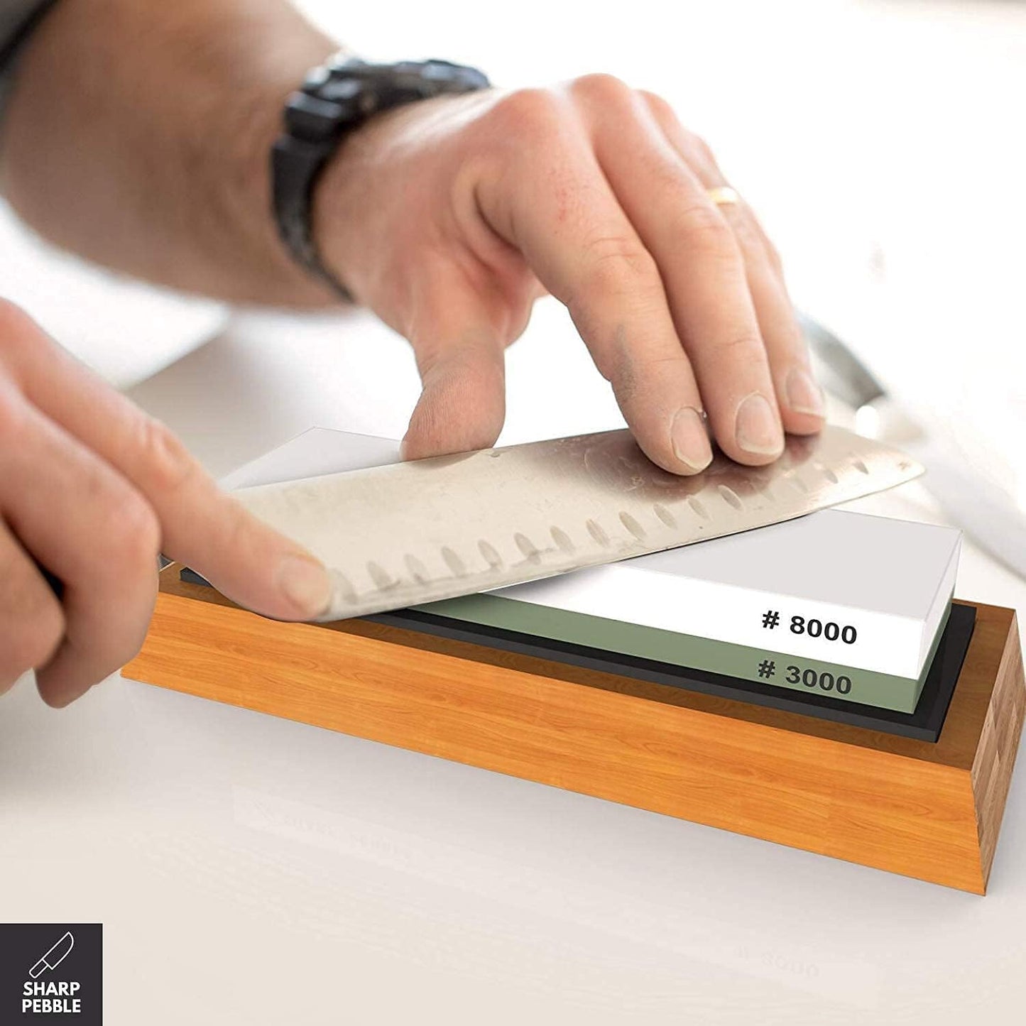 Sharp Pebble Knife Sharpening Stones Kit with 1000/6000 and 3000/8000 Grit with Flattening Stone & Angle Guide