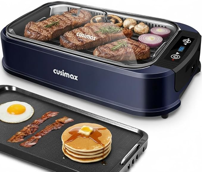 Electric Indoor Grill Griddle, CUSIMAX Smokeless Grill, Portable Korean BBQ with Turbo Smoke Extractor Technology, Non-stick Removable Plate & Griddle Plates