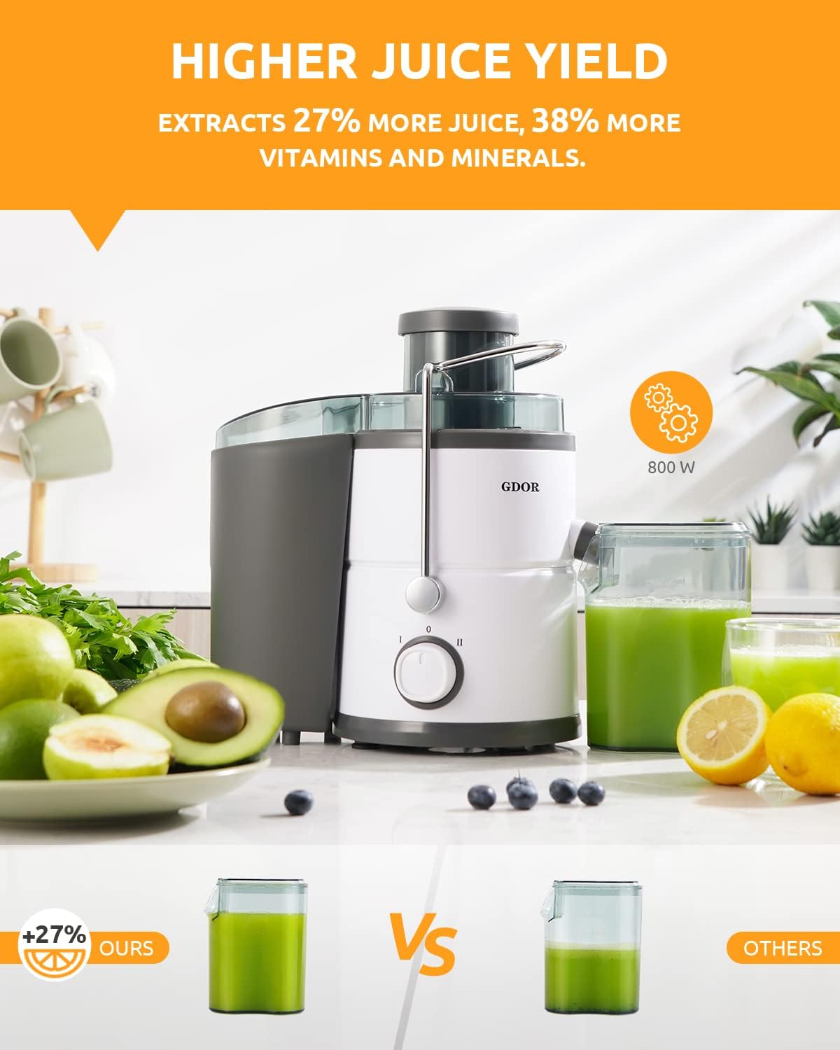 GDOR 800W Juicer Machine, 3” Wide Feed Chute, Dual-Speed Centrifugal Juicer for Fruits & Vegetables, Anti-Drip Function, BPA-Free, Easy to Clean with Brush, White