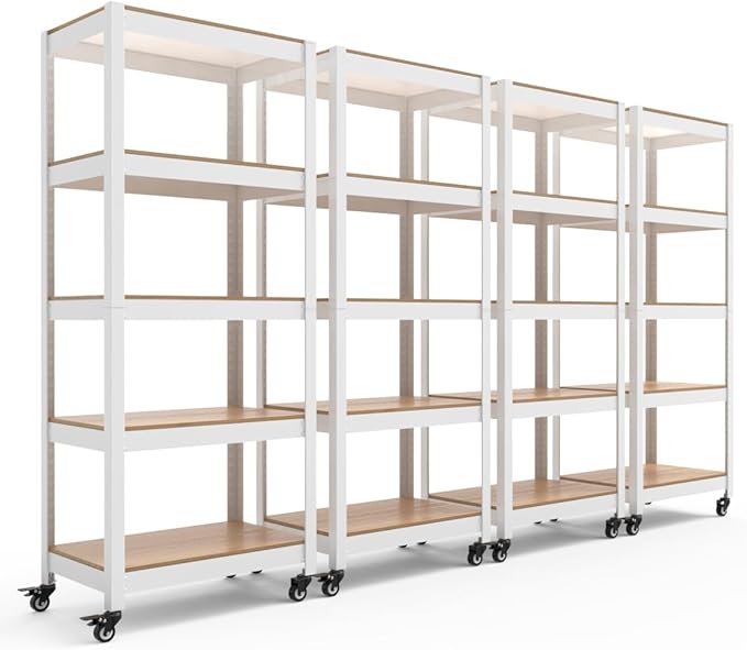 HOMEDANT House White 5-Tier Metal Rolling Cart Shelf Rack Casters Heavy Duty Wheel Shelving Unit Adjustable Utility Storage Shelves Organizer Shelf Kitchen Garage 24.4" W x 16.5" D x 62.2" H 4Pack