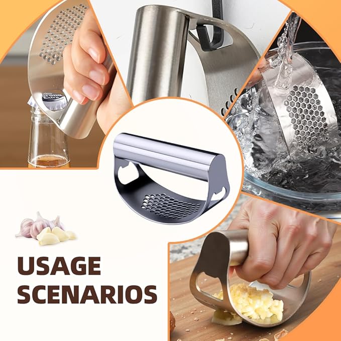 2026 New Garlic Press Rocker, Upgrade Garlic Press Stainless Steel, Portable Manual Stainless Steel Garlic Press Rocker, Innovative Garlic Crusher with Peeler and Scraper (2)
