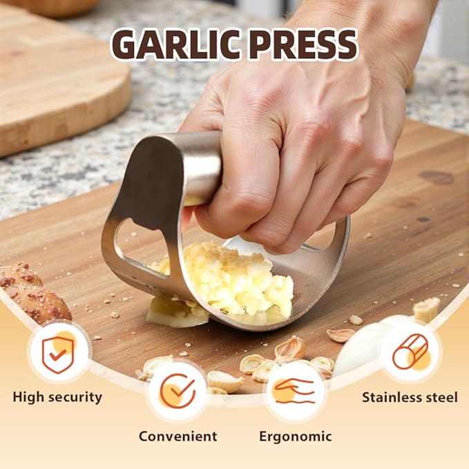 2025 New Stainless Steel Garlic Presser, Portable Manual Stainless Steel Garlic Press for Home Kitchen Utensils, Upgrade Rocker Crusher Masher with Garlic Peeling (1)