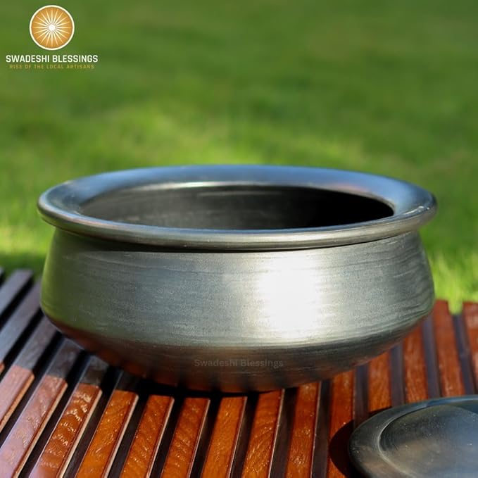 Swadeshi Blessings HandMade Exclusive Range Unglazed Clay Handi/Earthen Kadai/Clay Pot For Cooking & Serving with Lid, 2.8Liters (With Natural White Firing Shade & Mirror Shine) (Black)