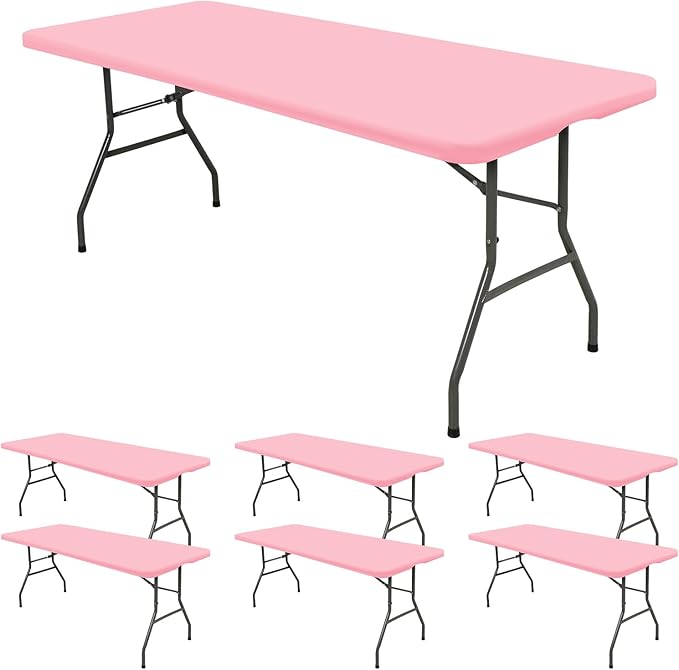 6 Pack Fitted Tablecloth for 8 Foot Rectangle Tables, Pink Elastic Outdoor Picnic Table Cover, Washable Stretch Folding Table Cloths 8 ft for Camping Party Patio Kitchen Banquet, 30" W x 96" L