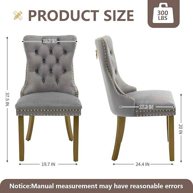 Velvet Dining Chairs Set of 2, Kitchen & Dining Room Chairs, Upholstered Dining Chairs with Back Ring Pull and Golden Solid Wood Legs, Modern Tufted Kitchen Chairs for Dining Room, Light Grey