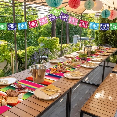12Pack Plastic Mexican Table Runner Disposable Mayo Mexican Serape Table Runner 14 x 84Inch Colorful Striped Table Cover for Dinning Table Fiesta Party Taco Party Decor Supplies