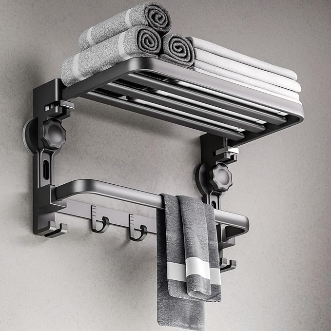 Towel Rack with Towel Bar Holder Suction Cup Foldable Towel Shelf No Drill with 7 Hooks Rustproof Towel Storage Wall Mount for Bathroom Lavatory Matte Blackish Gray20 Inch