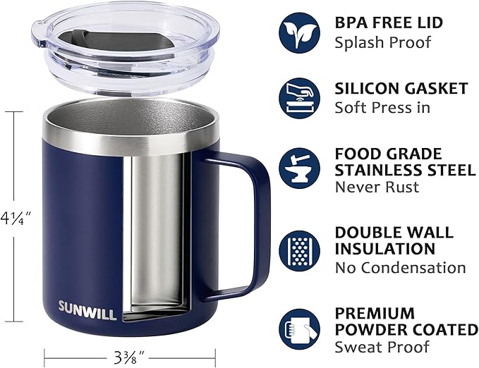 SUNWILL Travel Coffee Mug Set of 2, Insulated Tumbler with Lid, 14 oz Stainless Steel Cup with Handle for Camping, Office, Home, Powder Coated Navy Blue & Wine Red