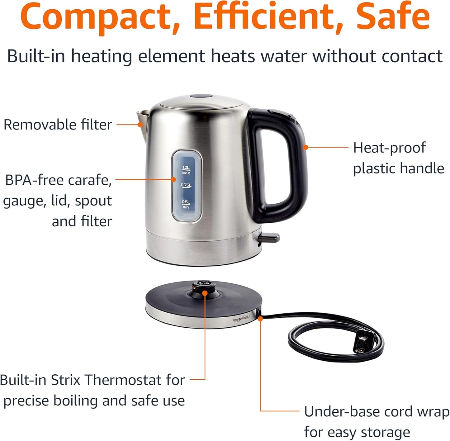 Amazon Basics Electric Stainless Steel Kettle for Tea and Coffee, BPA-Free, Fast Boiling, Auto Shut-Off, 1.1 Quarts, 1500W, Black and Silver